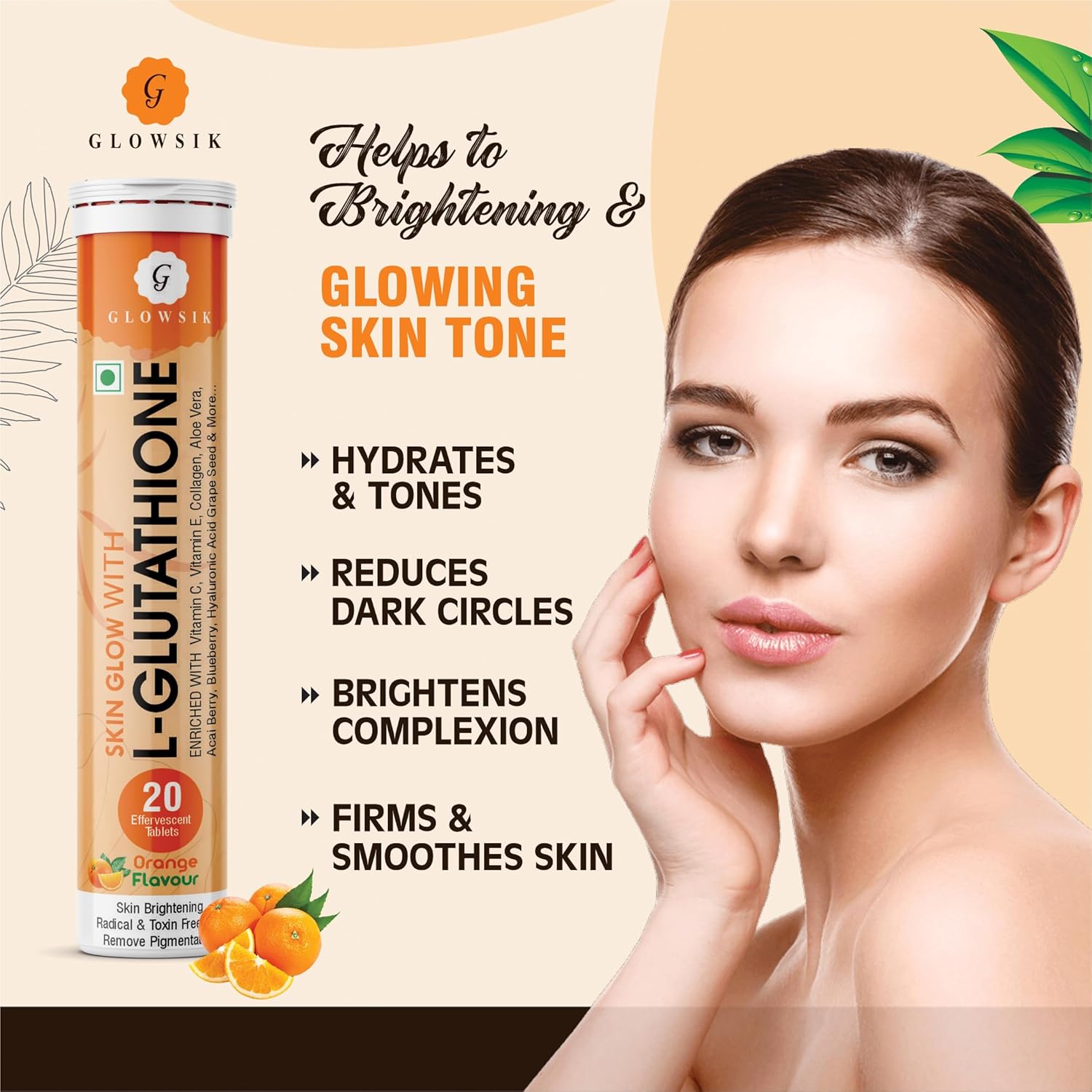 Glowsik Glutathione - 20 Effervescent Tablets for Skin, 600 Mg Glutathione Reduced With Vitamin C | Orange Flavour | Pack of 2